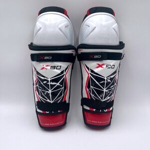 Bauer Vapor X80 Hockey Shin Guards 13 Inch Tapered Fit White Red Black Free Flex